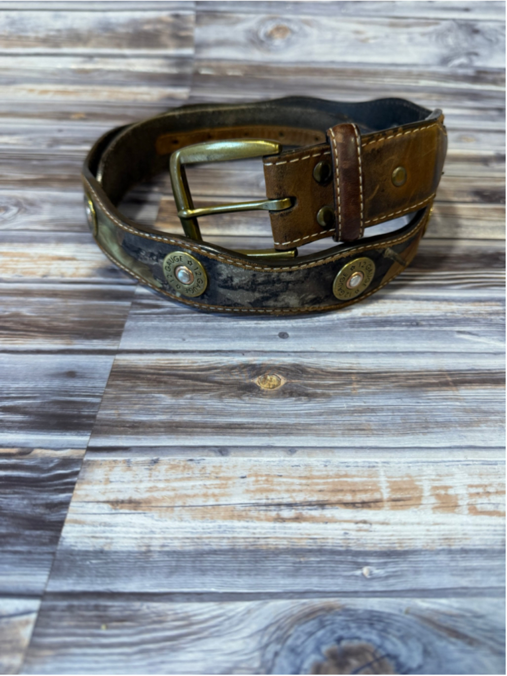 Nocona Mossy Oak camo shotgun shell belt brown leather belt
